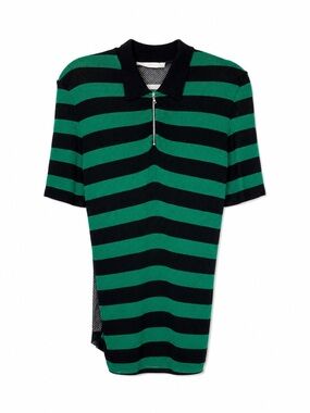 Sandro Paris Green Black Striped Mesh Panel Polo Top Short Sleeve Knit Shirt